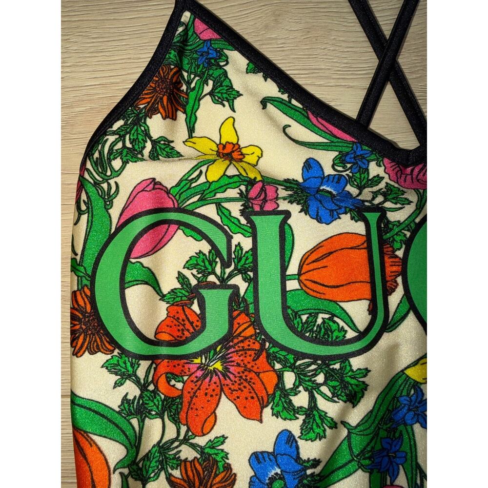Gucci Floral Print Logo Green Criss Cross One Piece Swimsuit Bathingsuit S Small - Picture 4 of 14